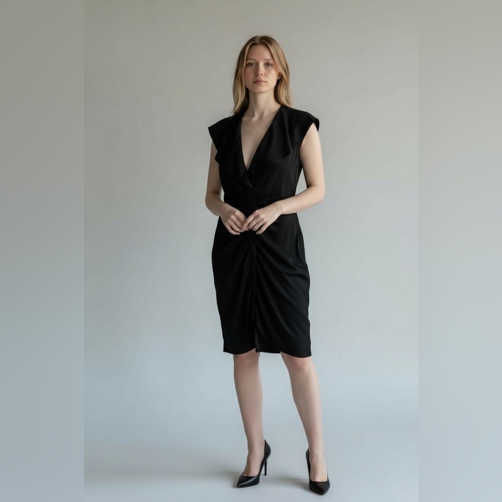 Luisa Cerano Ruched Black Short Sleeve Cocktail Midi Dress